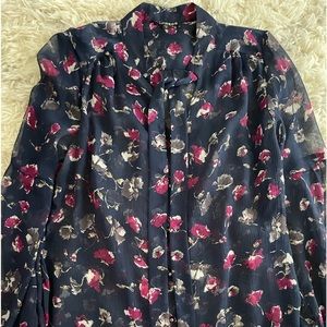 Women’s Express navy floral sheer button down blouse with neck tie.
